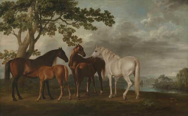 Mares and foals in a river landscape gee stubbs câ