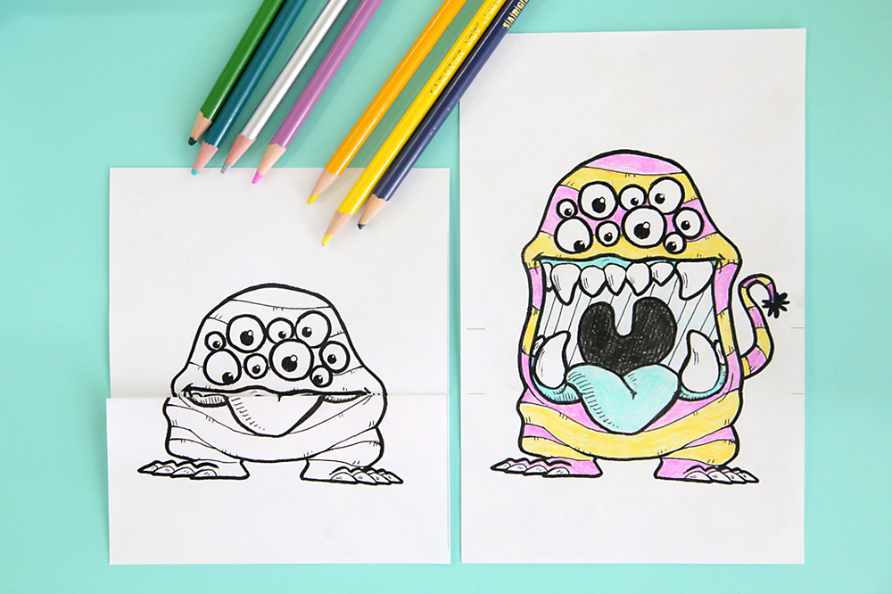 Monster coloring pages folding surprise