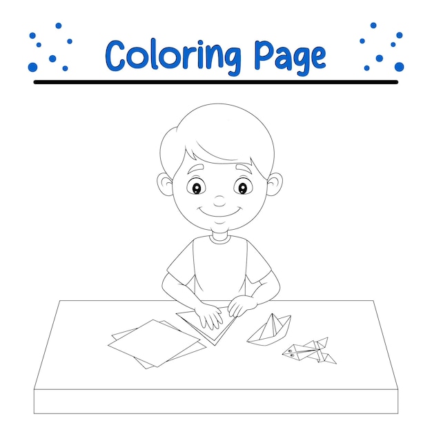 Premium vector coloring page boy folding paper making origami toys