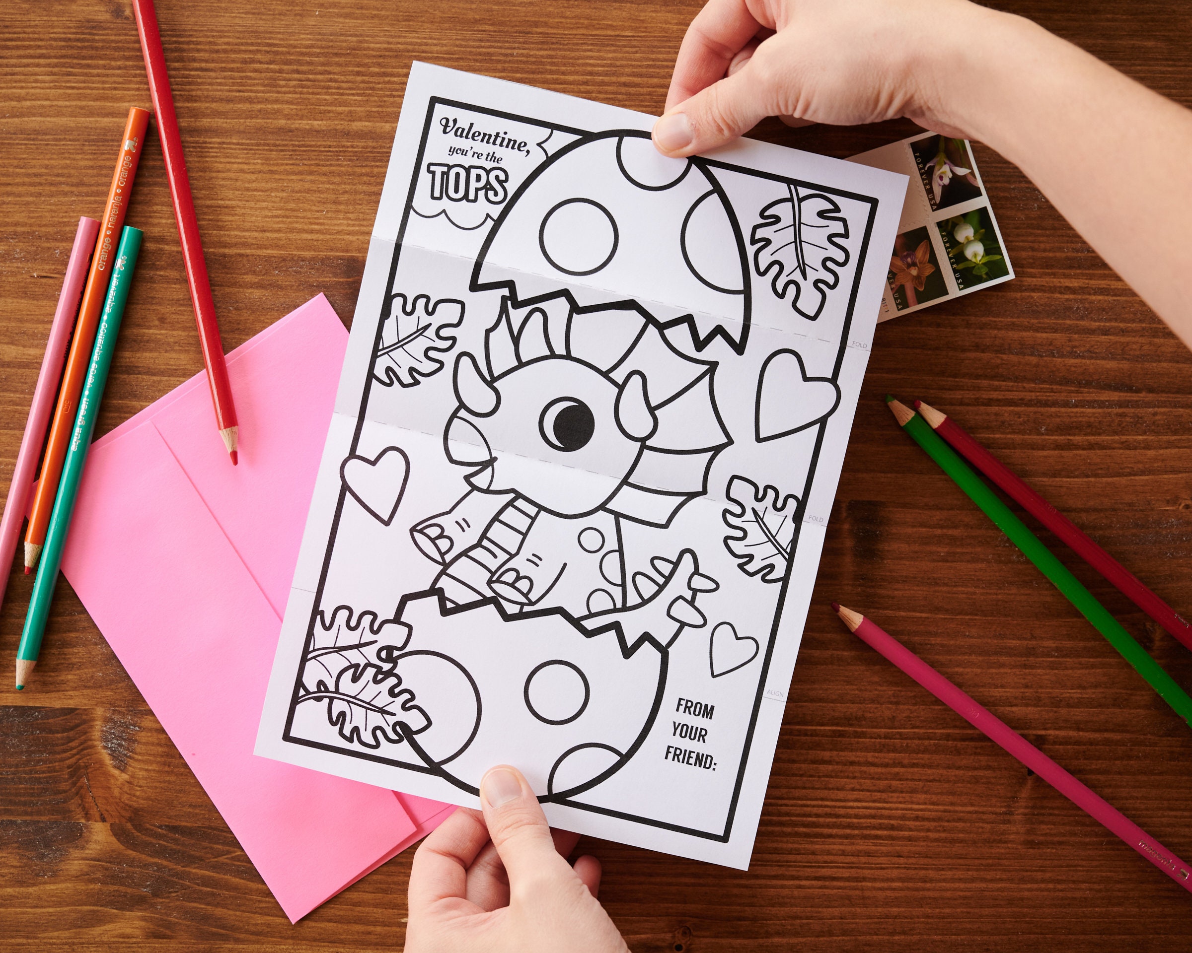 Baby triceratops dinosaur egg valentine folding surprise coloring page card cute kids dino art activity to send in the mail