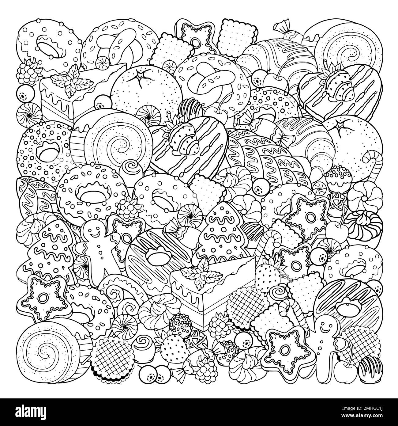 Vector coloring book page for adults black and white illustration of sweet food candies pastries desserts baked products stock vector image art