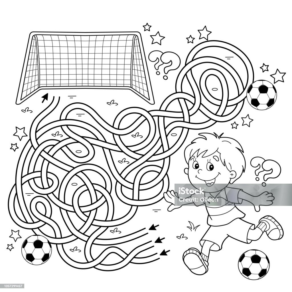 Maze or labyrinth game puzzle tangled road coloring page outline of cartoon boy with soccer ball football sport activity coloring book for kids stock illustration