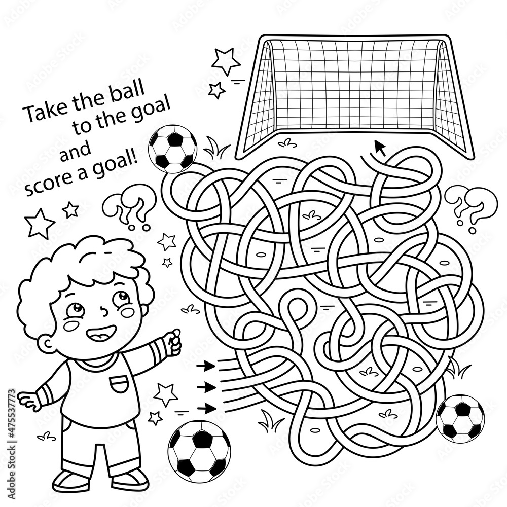 Maze or labyrinth game puzzle tangled road coloring page outline of cartoon boy with soccer ball football sport activity coloring book for kids