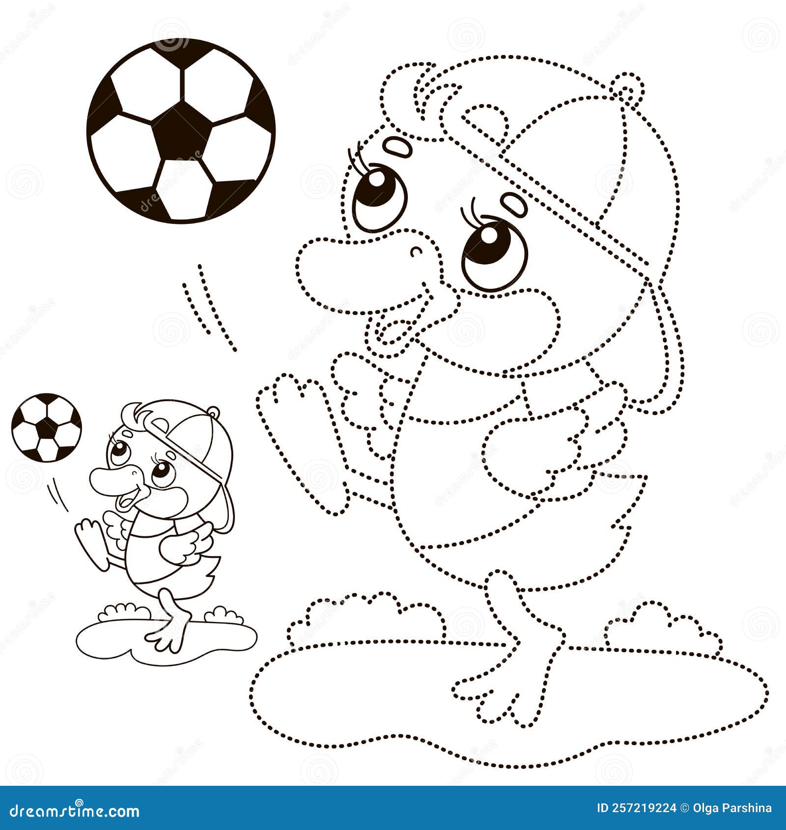 Connect the dots picture puzzle for kids coloring page outline of cartoon duck or duckling with soccer ball football sport stock vector