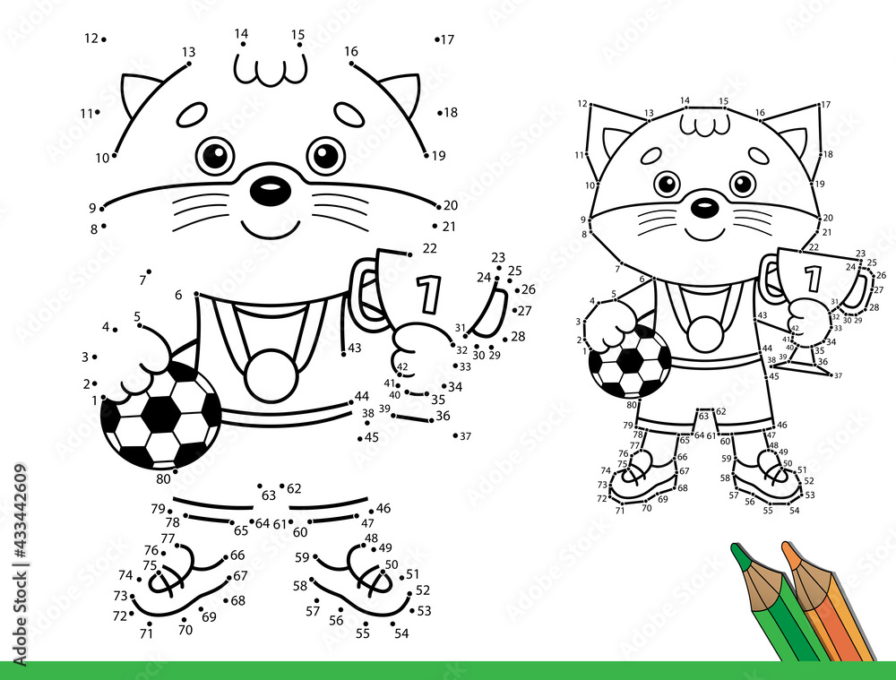 Puzzle game for kids numbers game coloring page outline of cartoon cat with cup and soccer ball champion or winner of football game coloring book for children vector