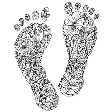 Human footprint in doodle style coloring book page footstep with different little flowers in zentangle style black and white foot vector vector