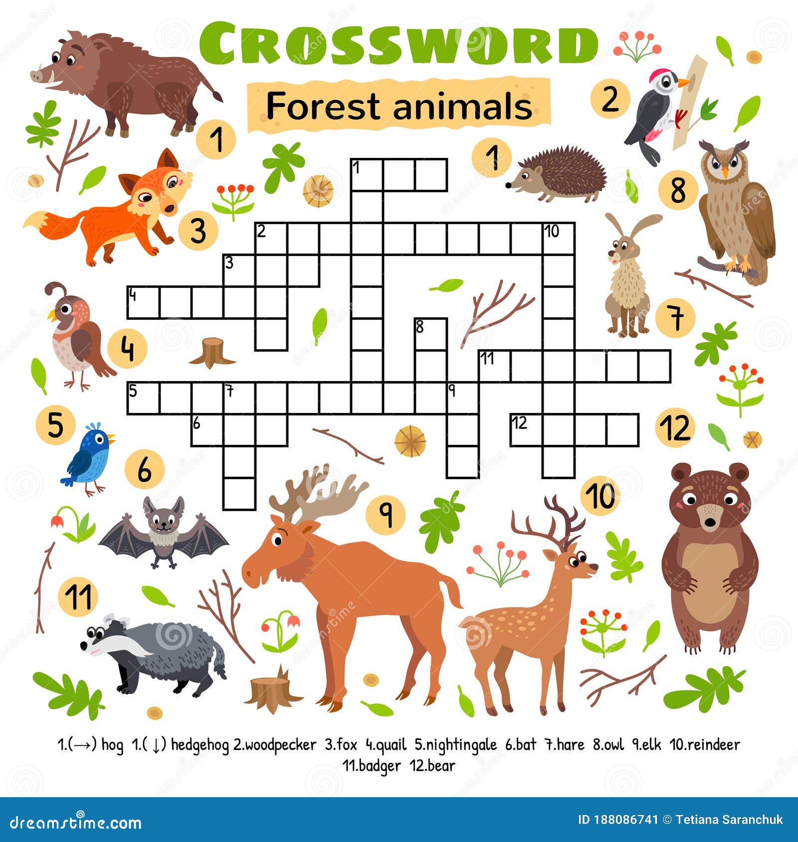 Forest animals crossword game for preschool kids stock vector