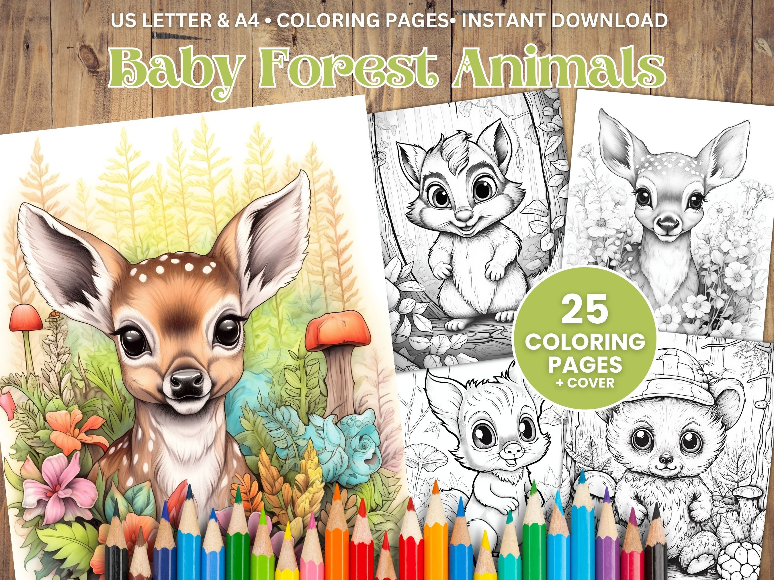 Cute baby forest animals coloring page book adults kids grayscale coloring instant download printable a us letter pdf