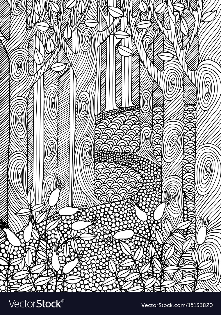 Adult coloring book page design with forest trees vector image