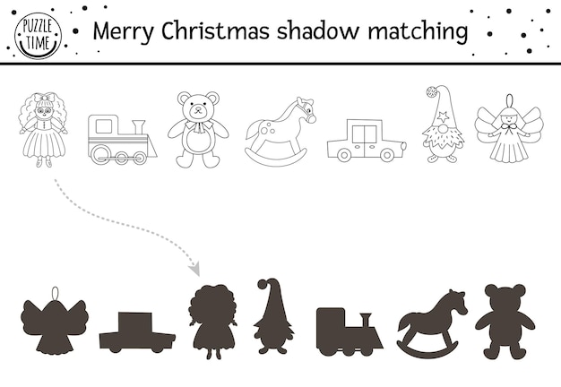 Actividad de combinaciãn de sombras en blanco y negro de navidad para niãos pãgina para colorear de invierno con lindos juguet vector premium