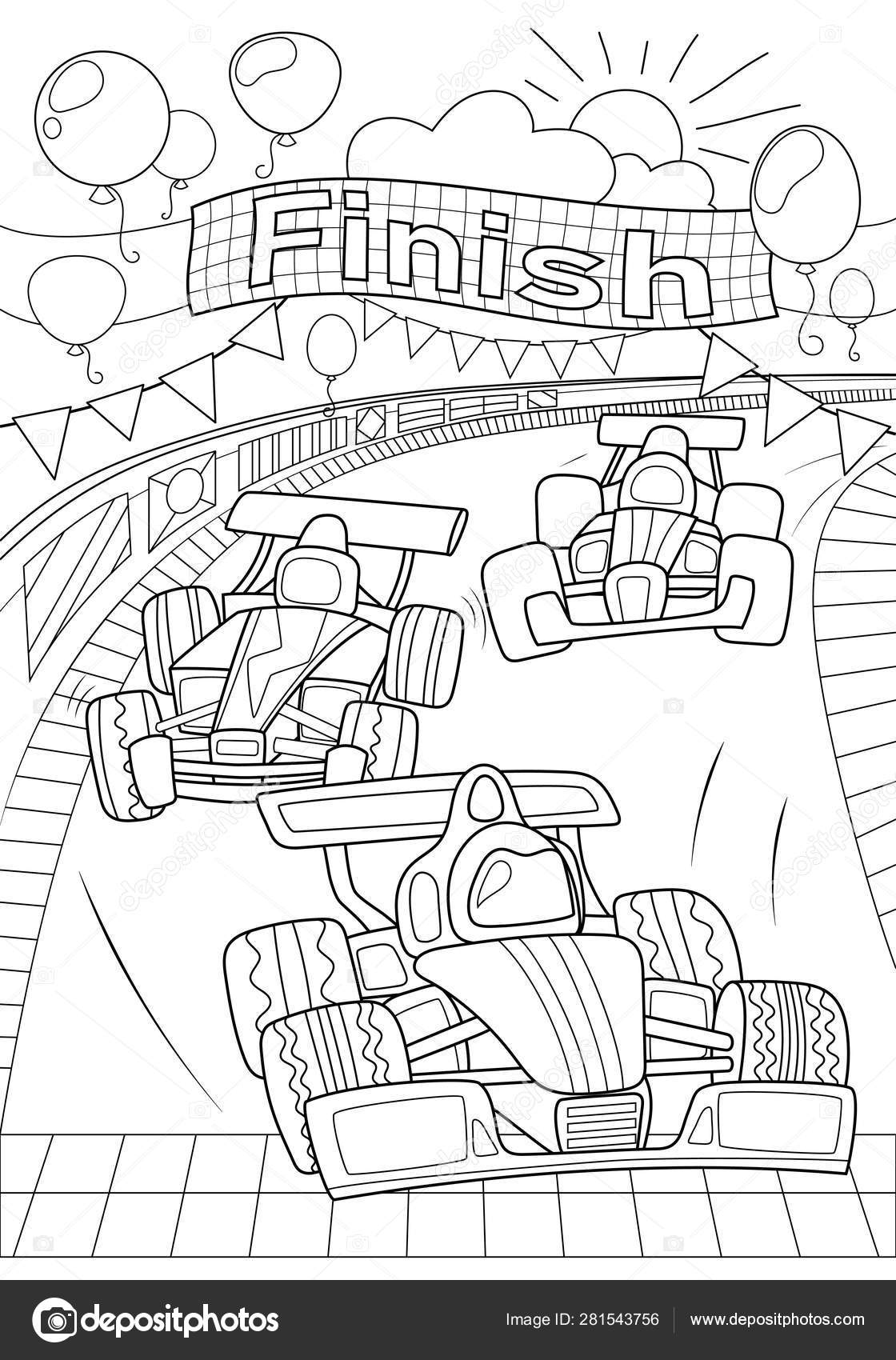 Car race coloring page formula black line vector illustration on white background speed car on finish racing coloring book stock vector by davdeka