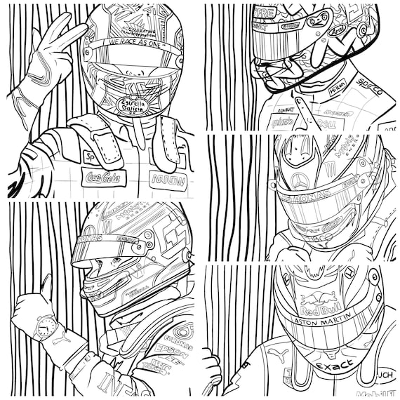 Formula drivers colouring pages set of f printables lando norris daniel ricciardo senna verstappen digital download download now