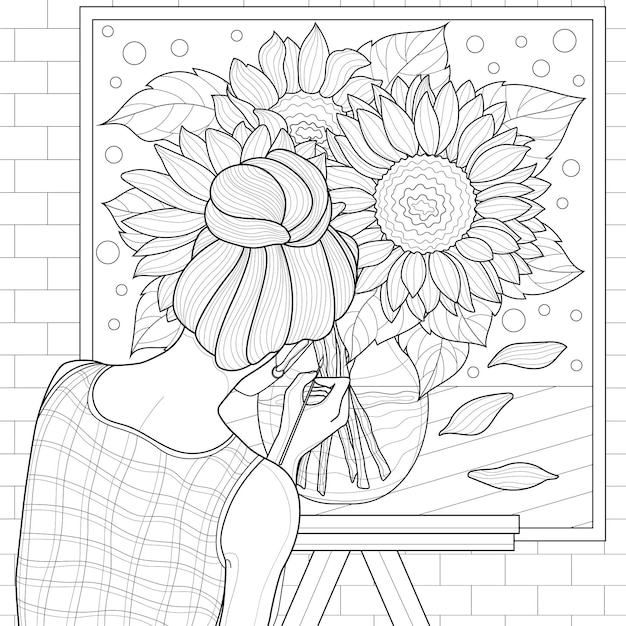 Premium vector girl draws sunflowers artistcoloring book antistress for children and adults illustration isolated on white backgroundblack and white drawingzen