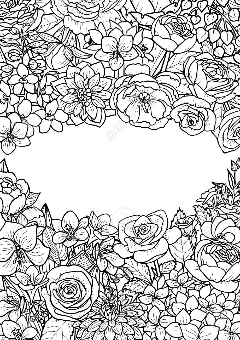 Garden flowers and leaves mock up floral romantic black and white template for covers greeting cards postcards and invitations coloring pages with text place royalty free svg cliparts vectors and stock illustration