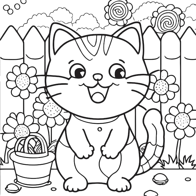 Premium vector happy cat playing outside coloring book for children cartoon outline illustration