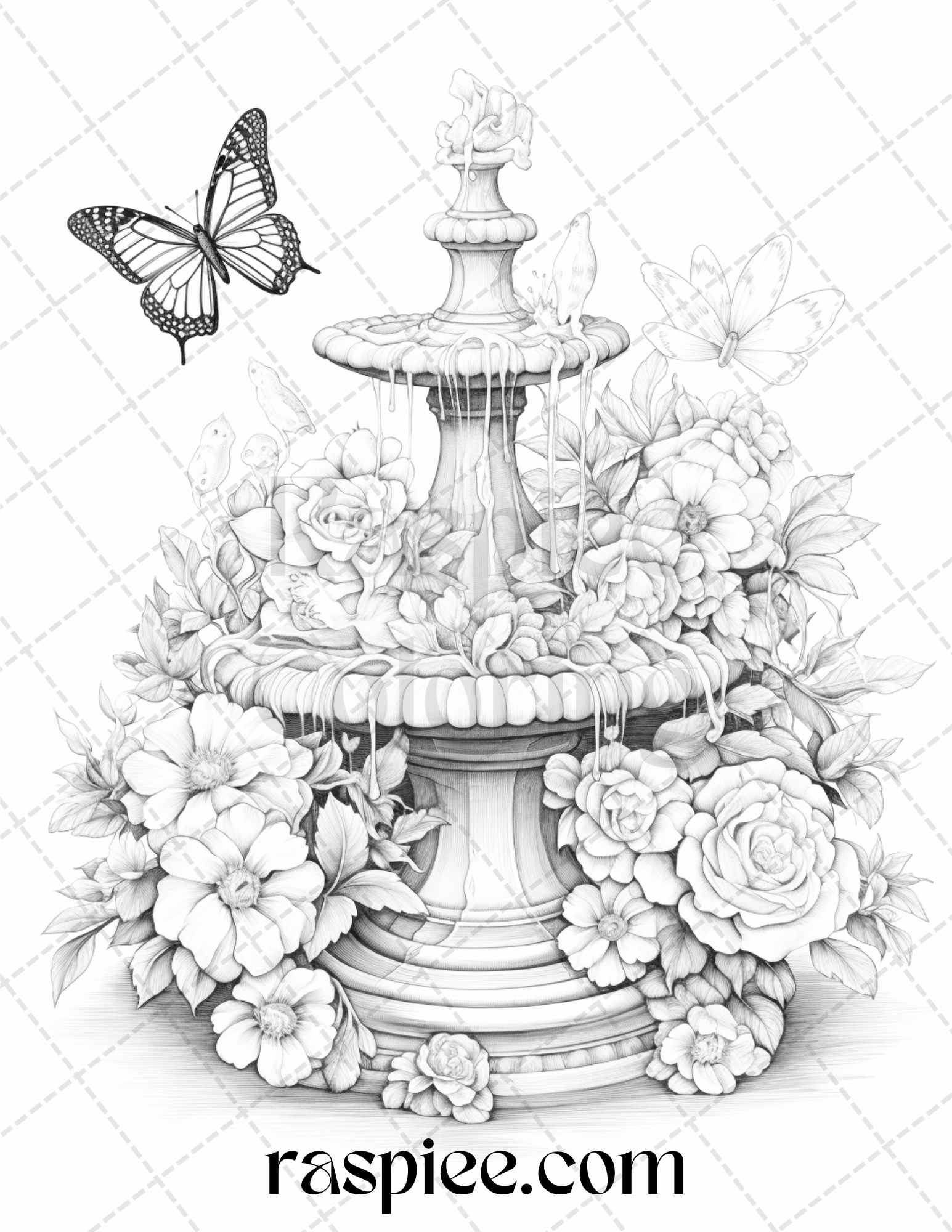 Blooming fountains grayscale coloring pages printable for adults p â coloring