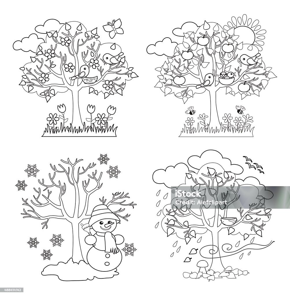 Four seasons trees coloring vector illustration stock illustration