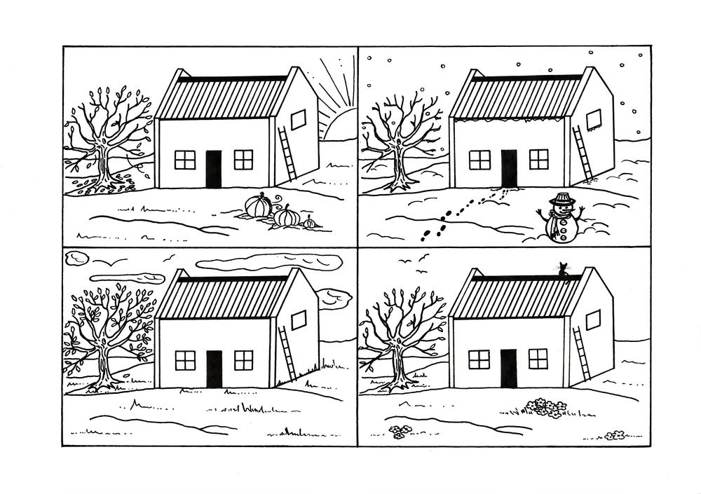 Four seasons country cottage coloring page