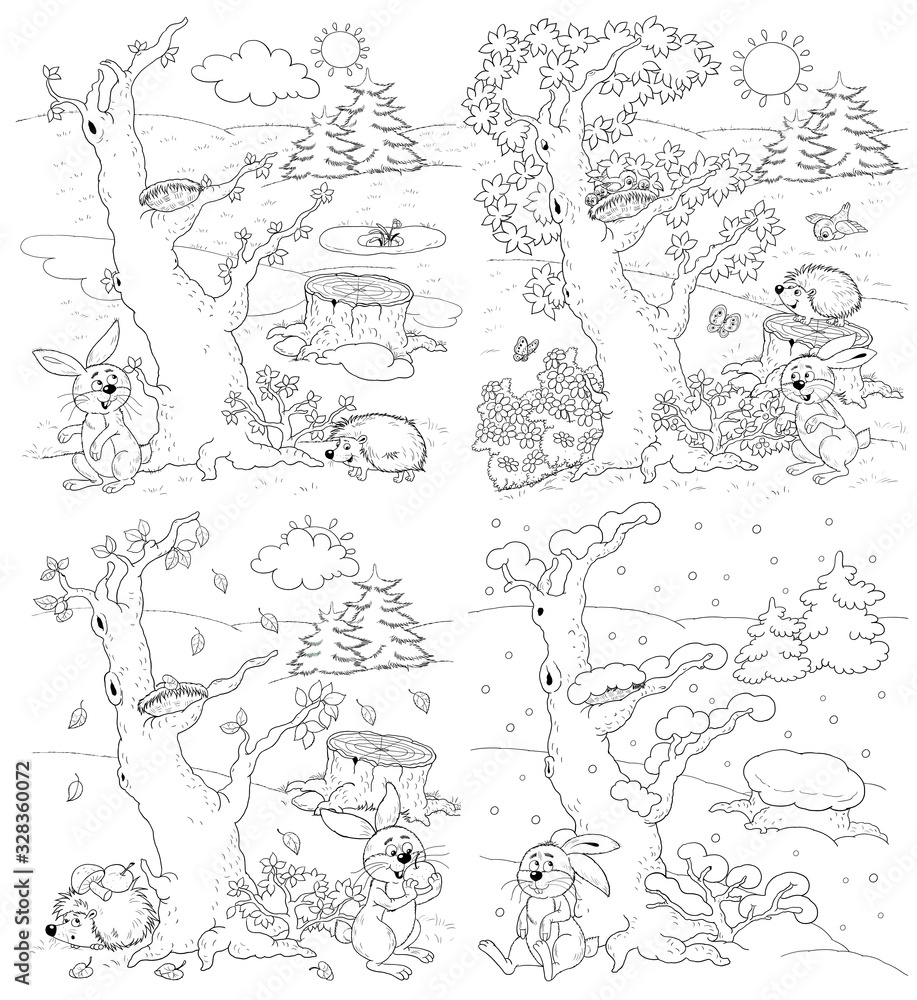 Ilustrace âfour seasons spring summer autun and winter in the forest coloring page illustration for children cute and funny cartoon charactersâ ze sluåby