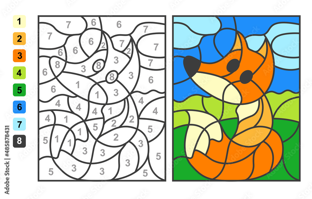Simple level vector coloring wild wild animal fox color by numbers puzzle game for children education vector
