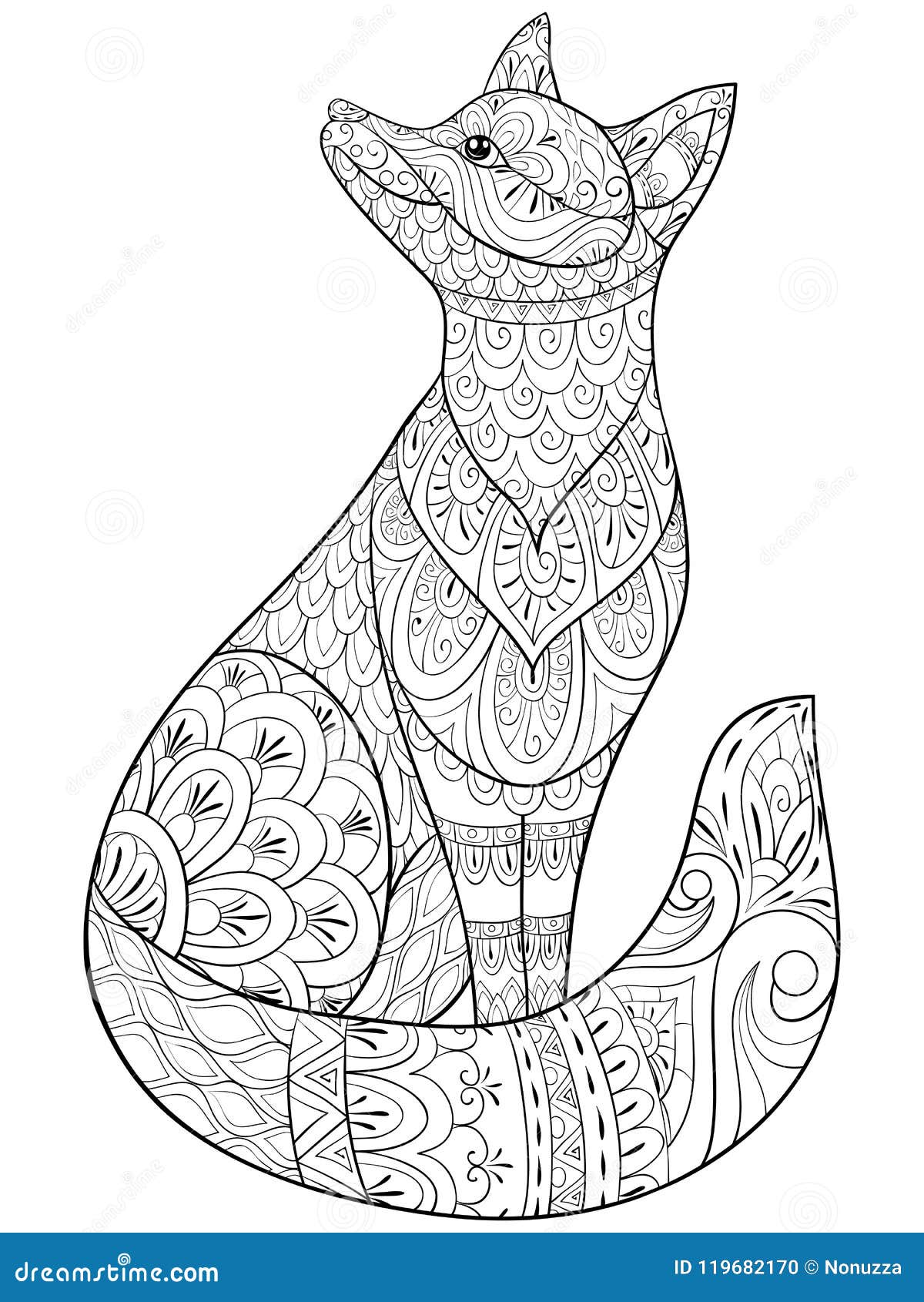 Adult coloring bookpage a cute isolated fox for relaxingzen art style illustration stock vector