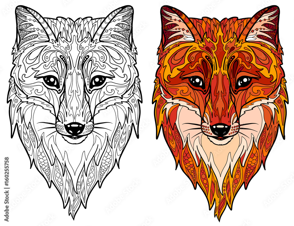 Fox head doodle animal head for adult coloring book vector