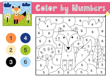 Premium vector color by numbers game for kids coloring page with a cute fox in the forest printable worksheet with solution