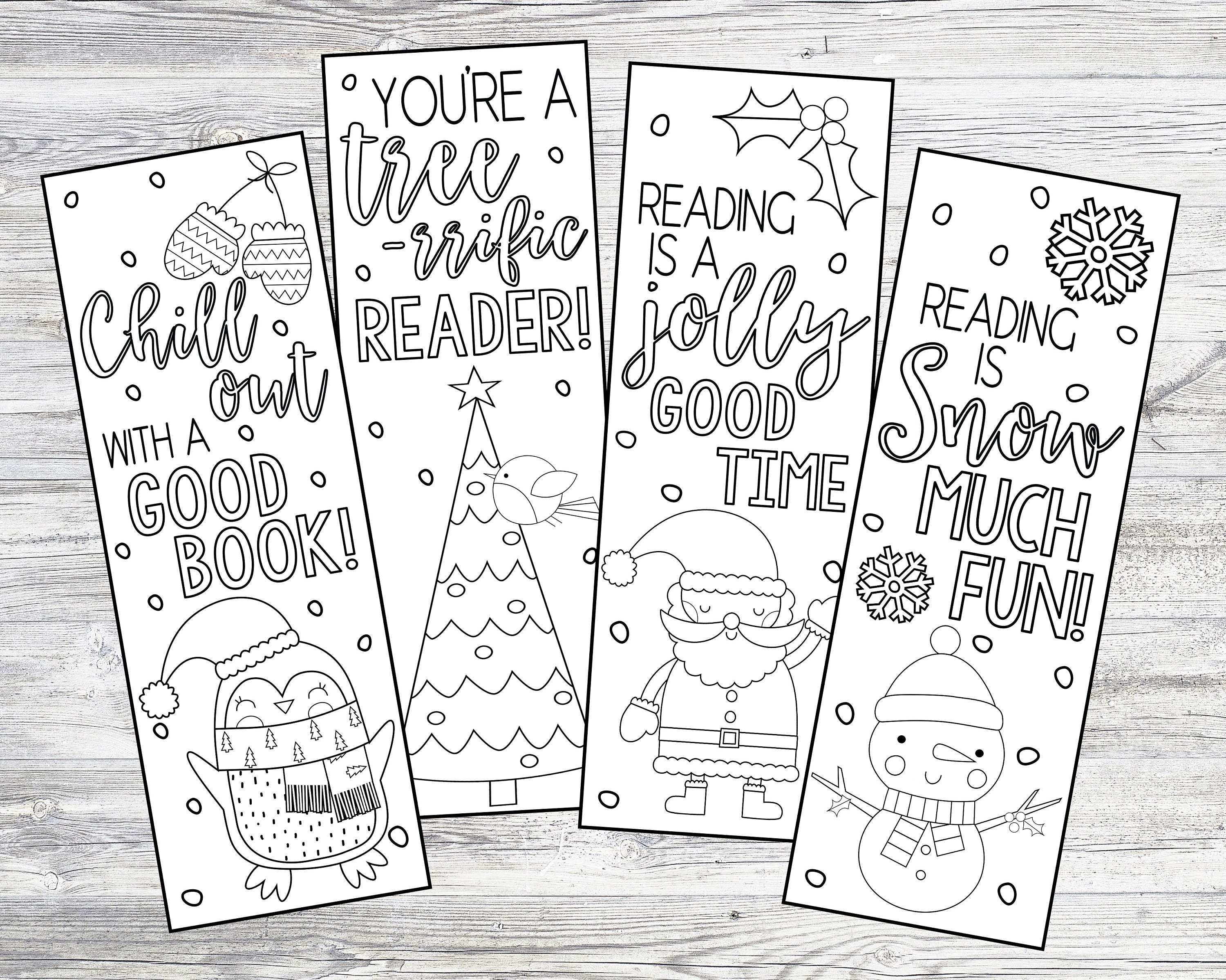 Printable color your own christmas winter bookmarks instant digital download diy coloring bookmarks santa snowman penguin tree bookmarks