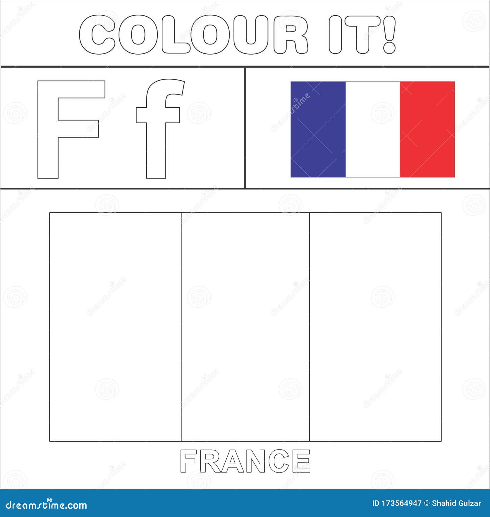 Colour it kids colouring page country starting from english letter f france how to color flag stock illustration