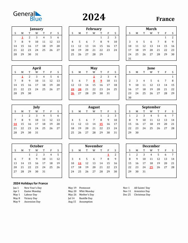 France calendar with holidays