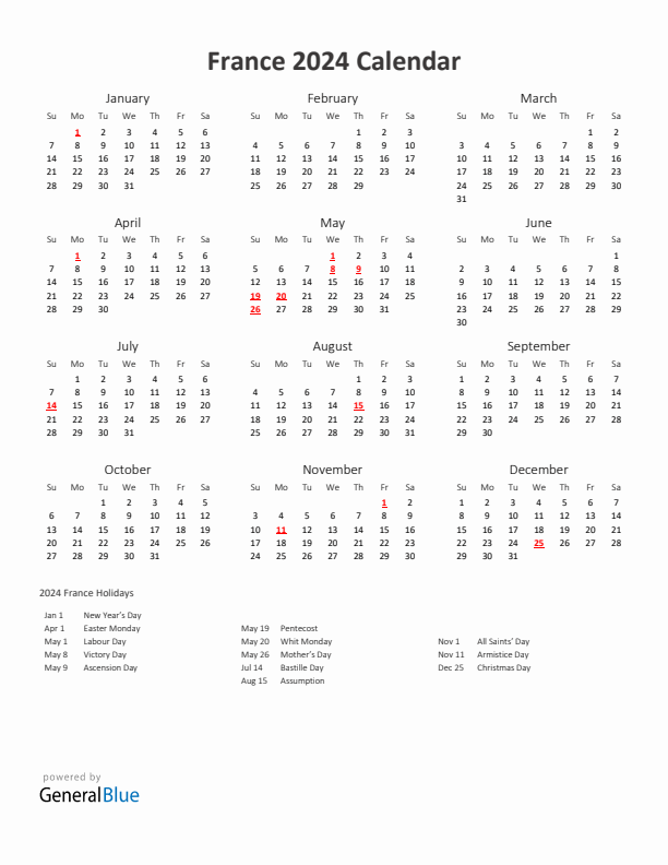 Yearly calendar printable with france holidays