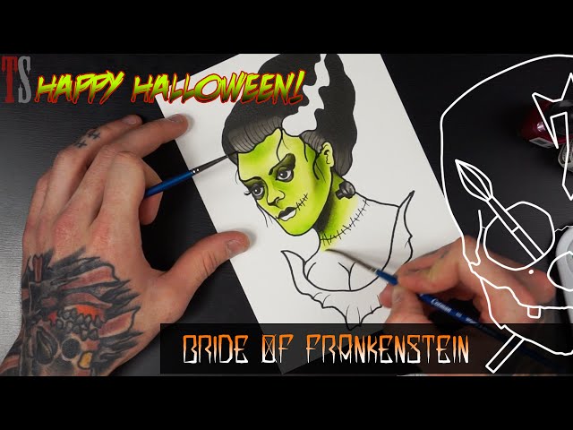 Bride of frankenstein draw and paint halloween tattoo flash watercolour ink illustration