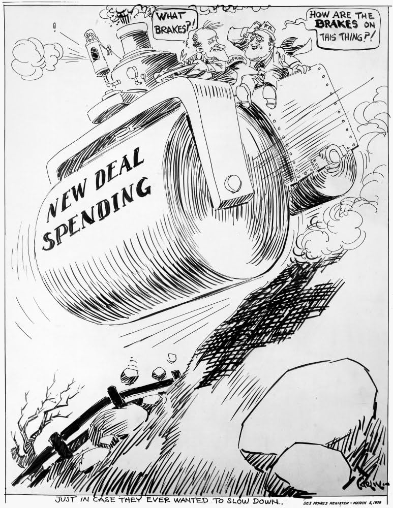 Cartoon new deal namerican cartoon depicting president franklin d roosevelt and secretary of merce harry hopkins pushing forward outrageous spending on new deal programs drawing by carlis posters