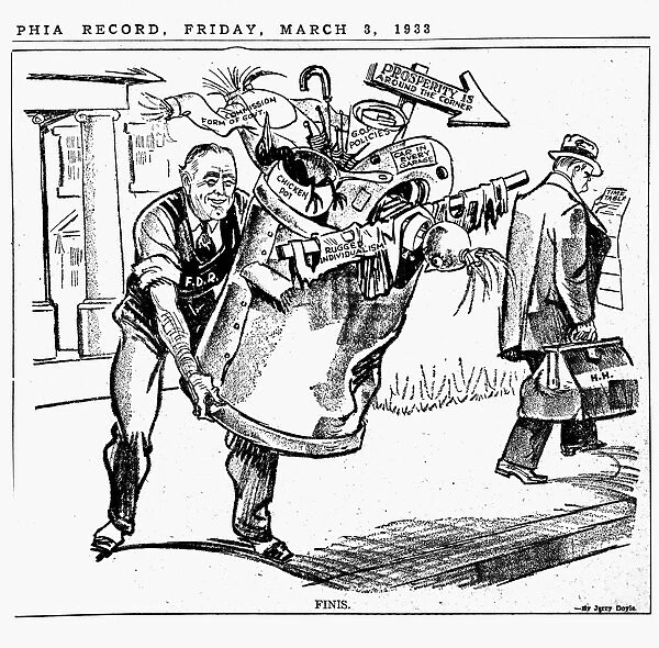 Cartoon depicting newly elected president franklin delano