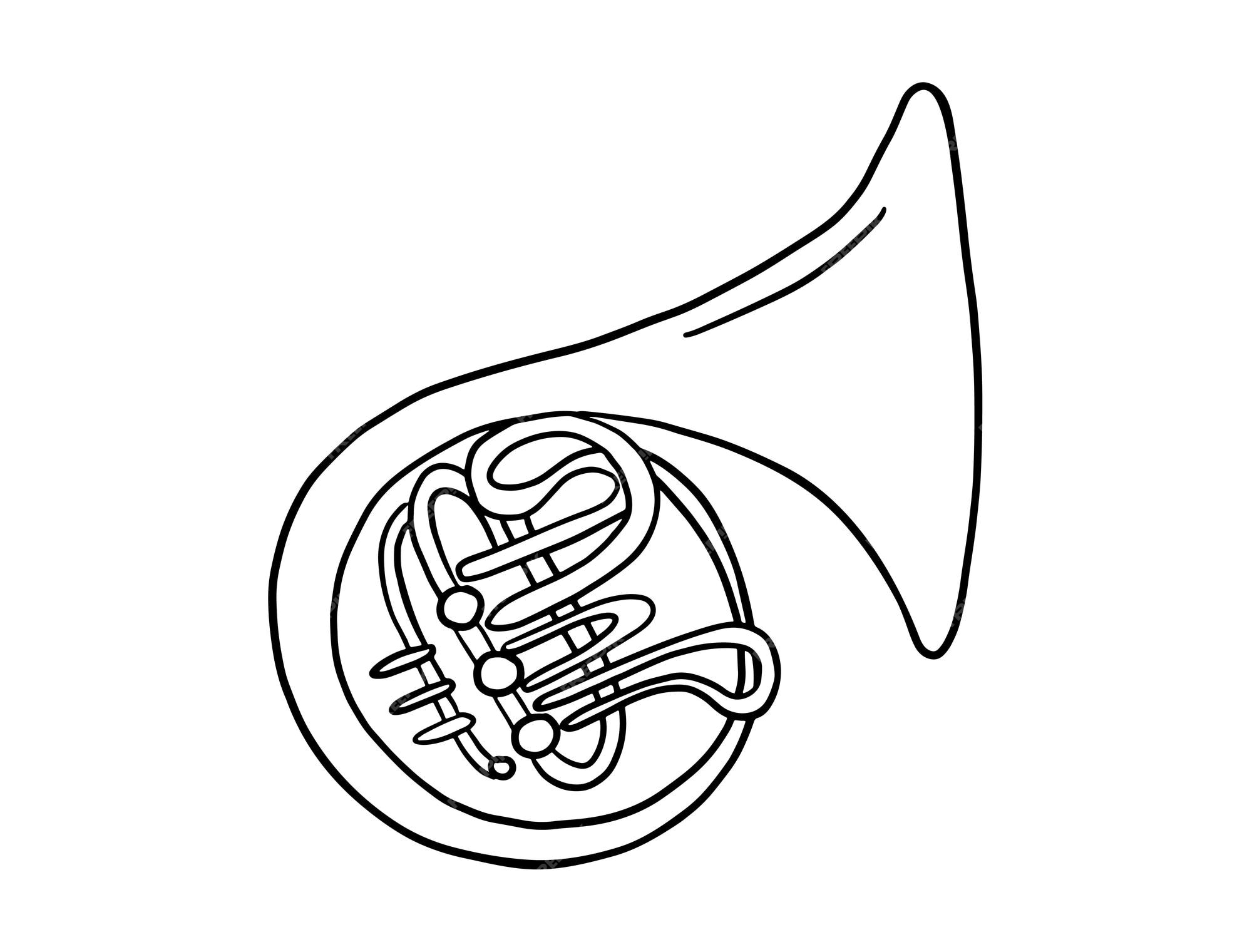 Premium vector doodle french horn illustration hand drawn brass trumpet icon vector musical instrument
