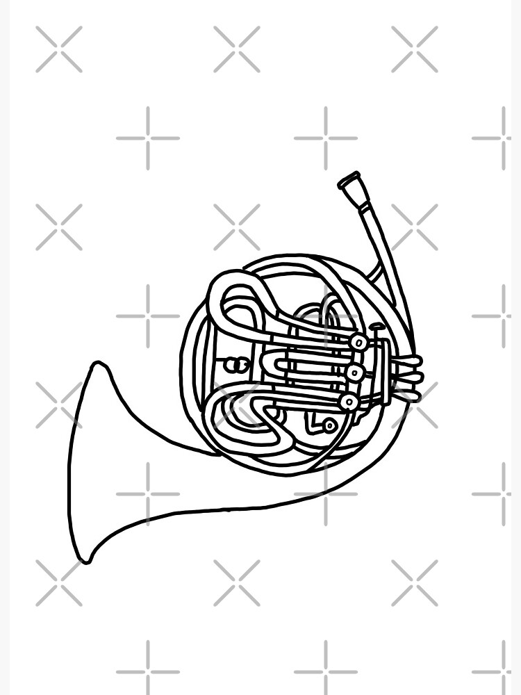 Black and white french horn line art art board print for sale by bassoongirl