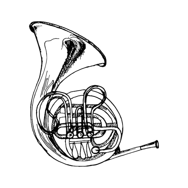 Premium vector french horn brass musical instrument vector illustration isolated double horn silhouette ink drawn