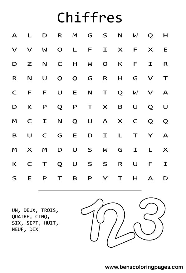 The numbers word search in french