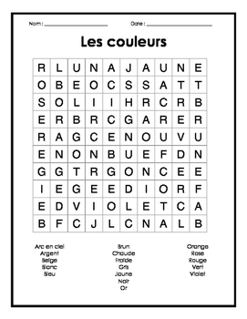 French colours word search puzzle