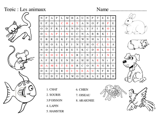 French pets wordsearch and colouring in activity teaching resources