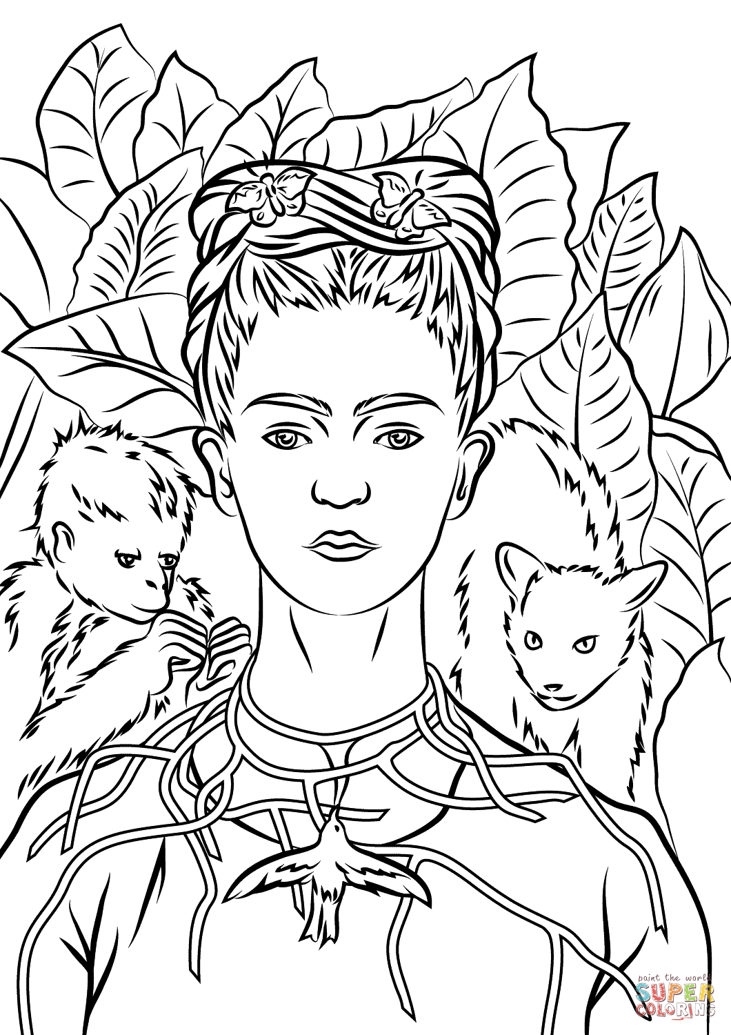 Self portrait with necklace of thorns by frida kahlo coloring page free printable coloring pages