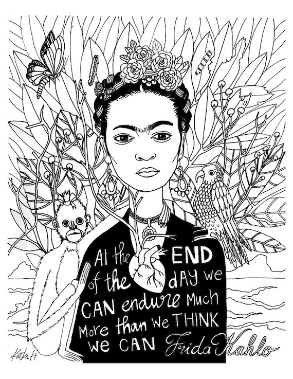 Frida kahlo coloring book page black and white lineart instant download printabledigital illustration adult coloring