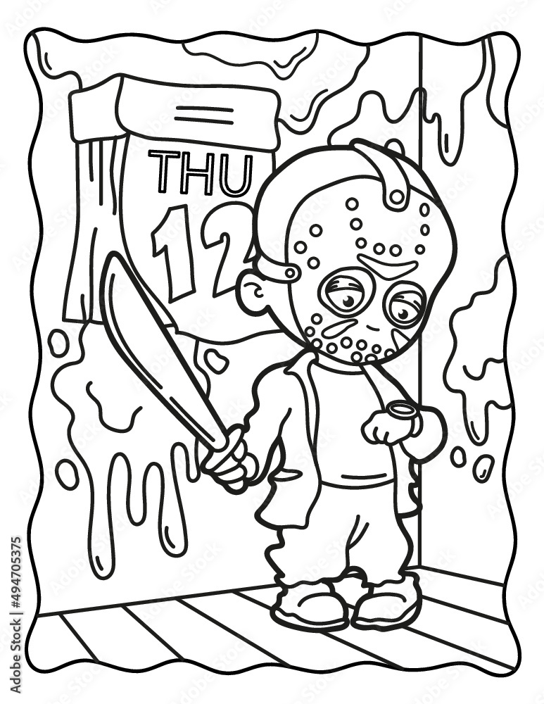 Vettoriale friday the th coloring book for children coloring book for adults halloween coloring page horror kawaii black and white illustration