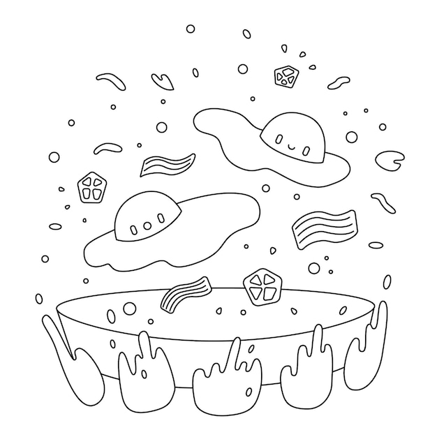 Premium vector vector cute breakfast fried eggs in frying pan coloring book cartoon isolated on white coloring page