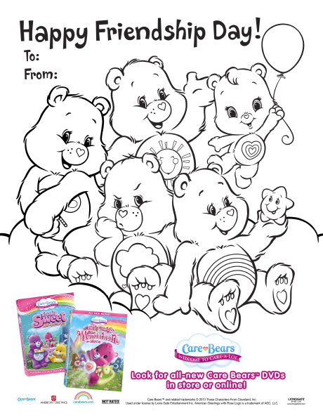 Free printable friendship day card from the care bears happy friendship day friendship printables coloring pages