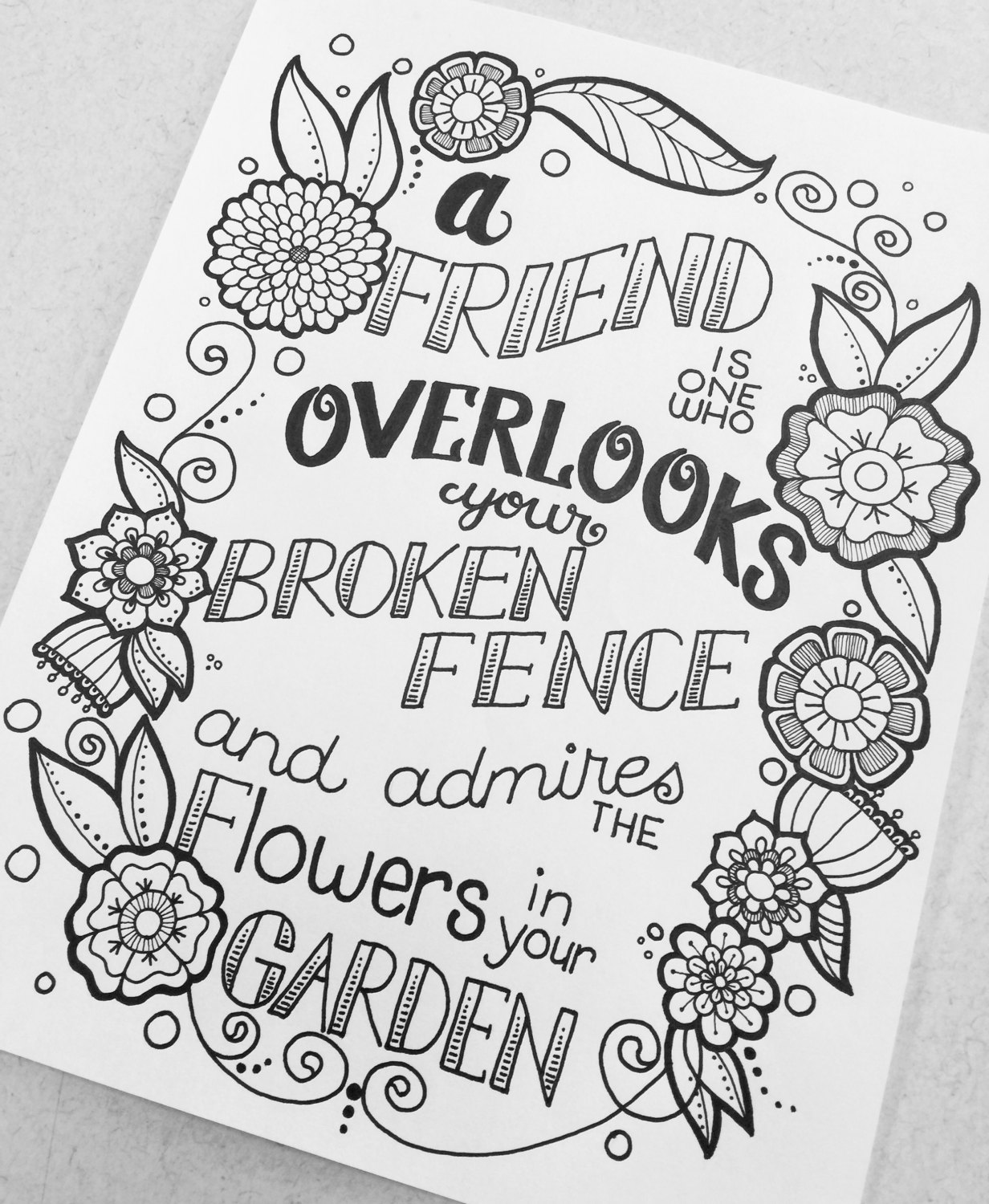 Digital coloring page a friend is one from quotes from the garden coloring book