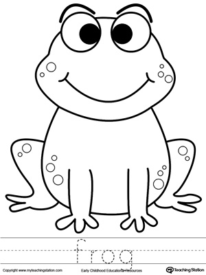 Free frog coloring page and word tracing