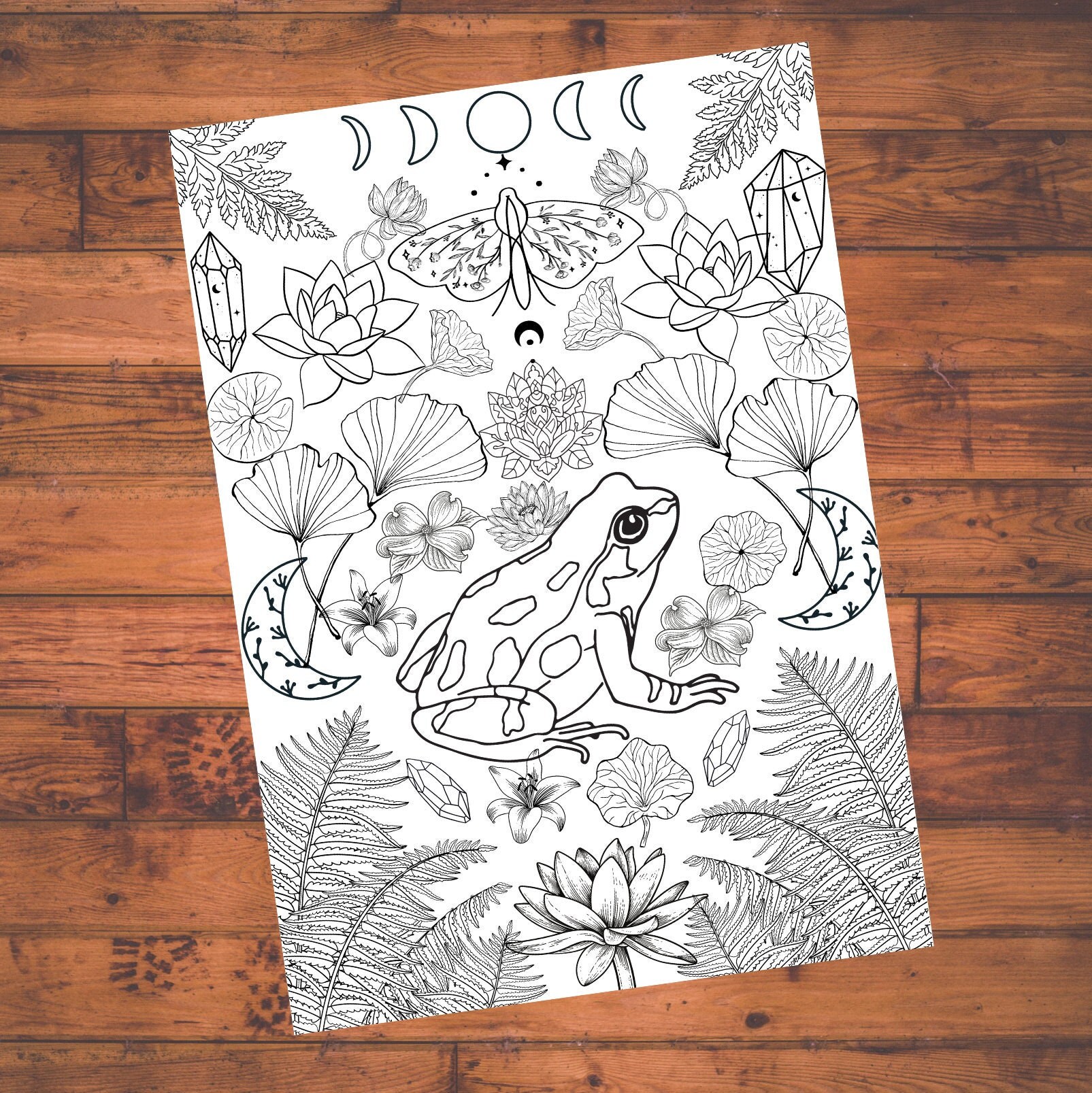 Frog printable coloring page boho crystals coloring page witchy coloring page printable coloring page all ages coloring page