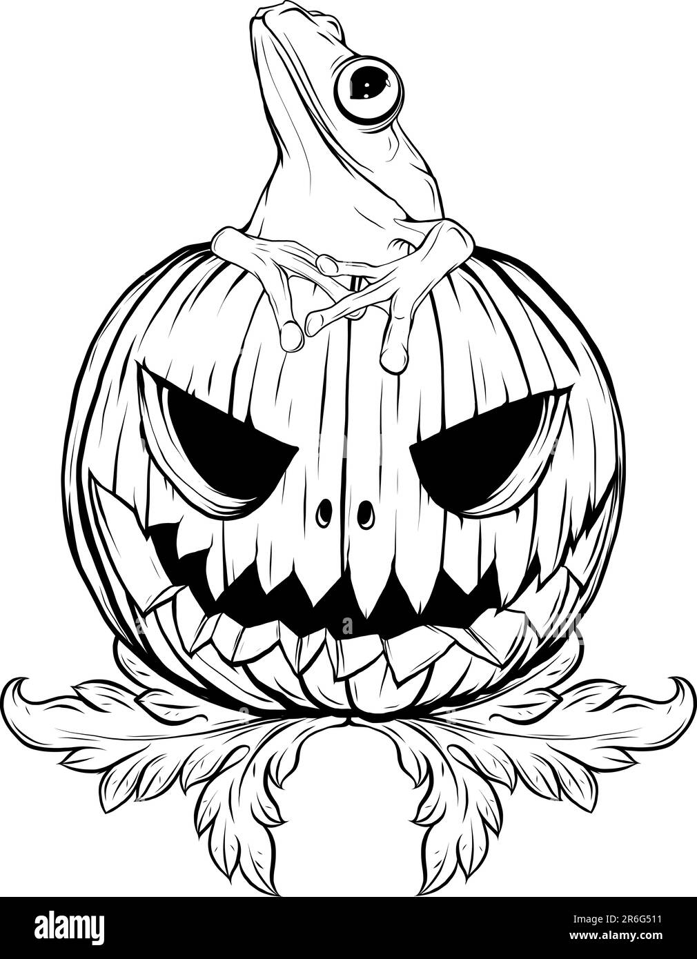 Vector illustration of monochrome halloween pumpkin with frog sitting stock vector image art