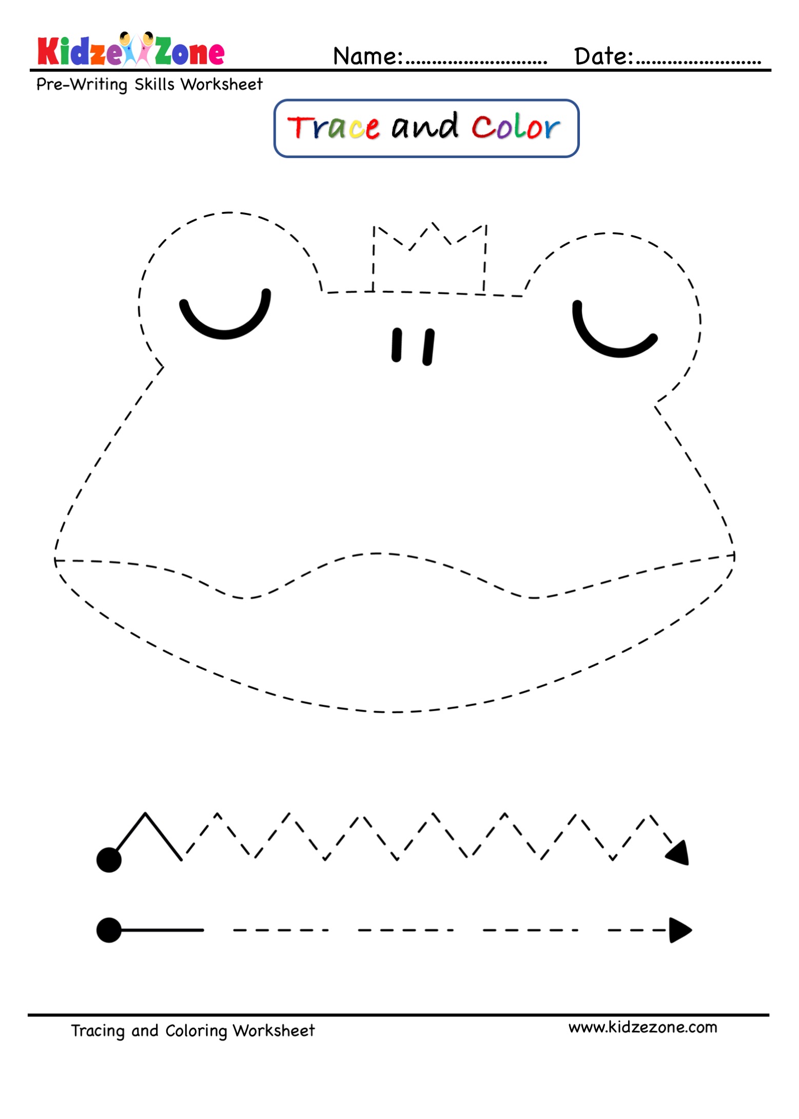 Frog cartoon trace and color worksheet